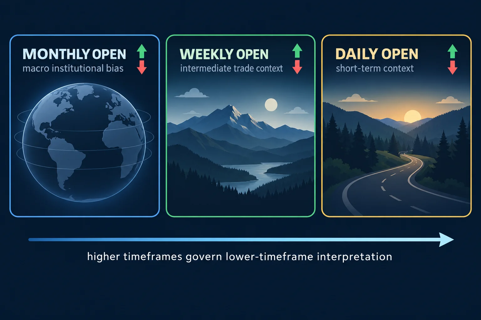 Three-panel time and price theory: Monthly Open macro institutional bias, Weekly Open intermediate trade context, Daily Open short-term context with horizontal arrow showing higher timeframes govern lower-timeframe interpretation
