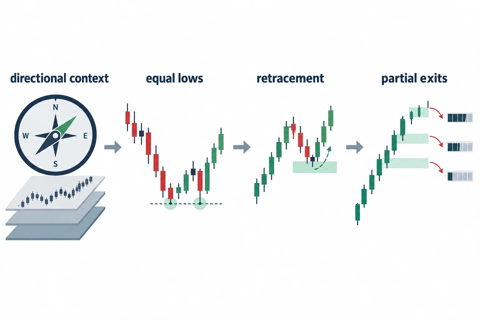 The workflow links directional context, liquidity references, retracement and partial exits.