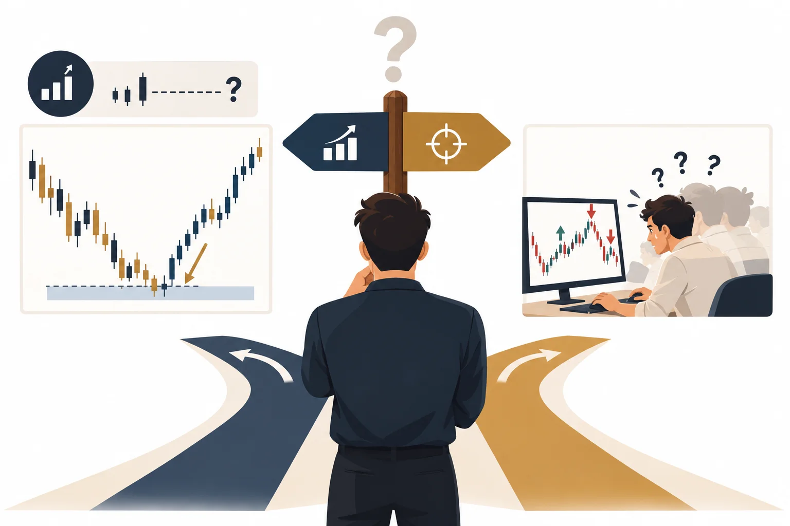 Educational illustration showing the concept of a directional thesis — the draw on price — preceding any entry technique