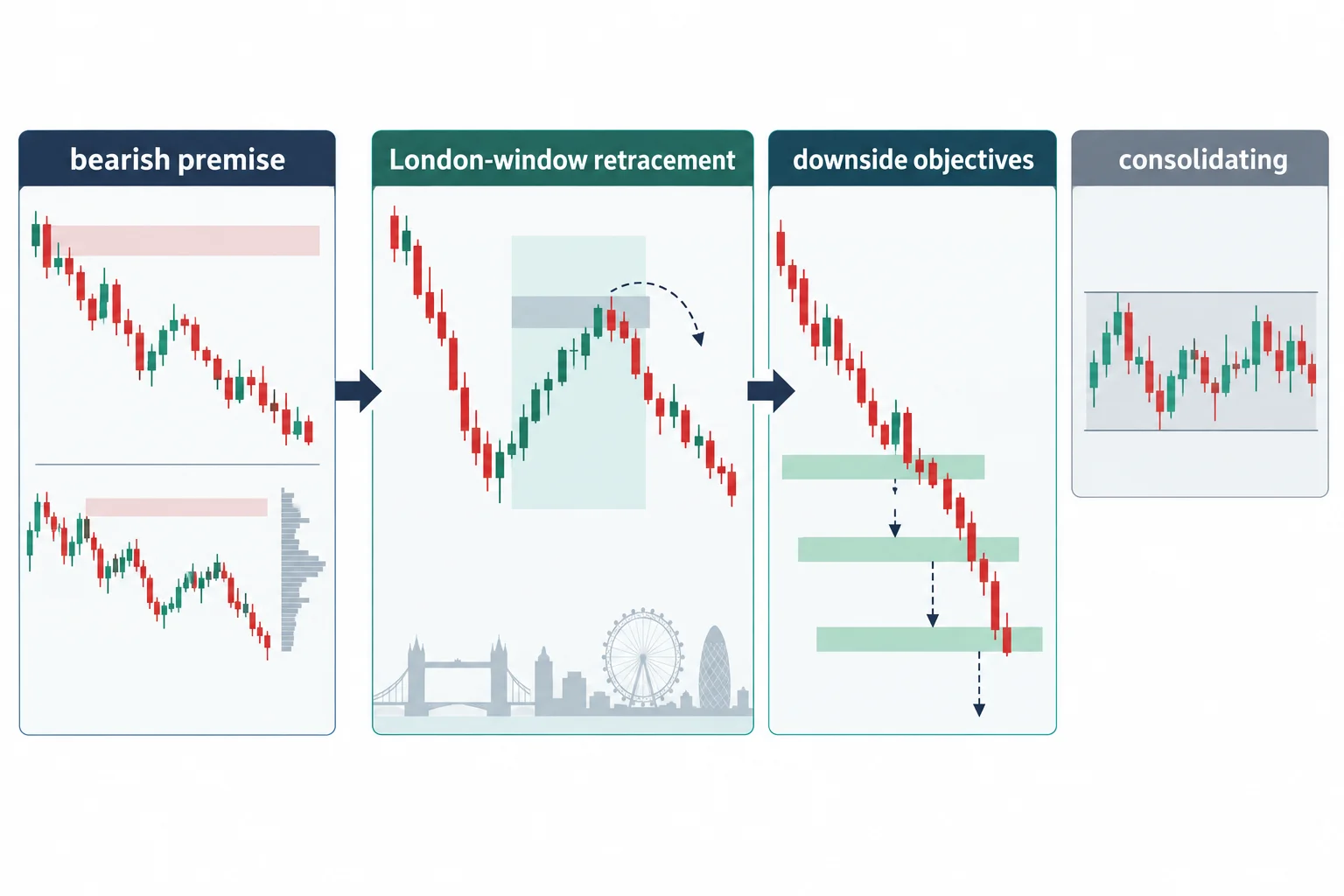 A bearish premise and London retracement are assessed alongside objectives and consolidation.