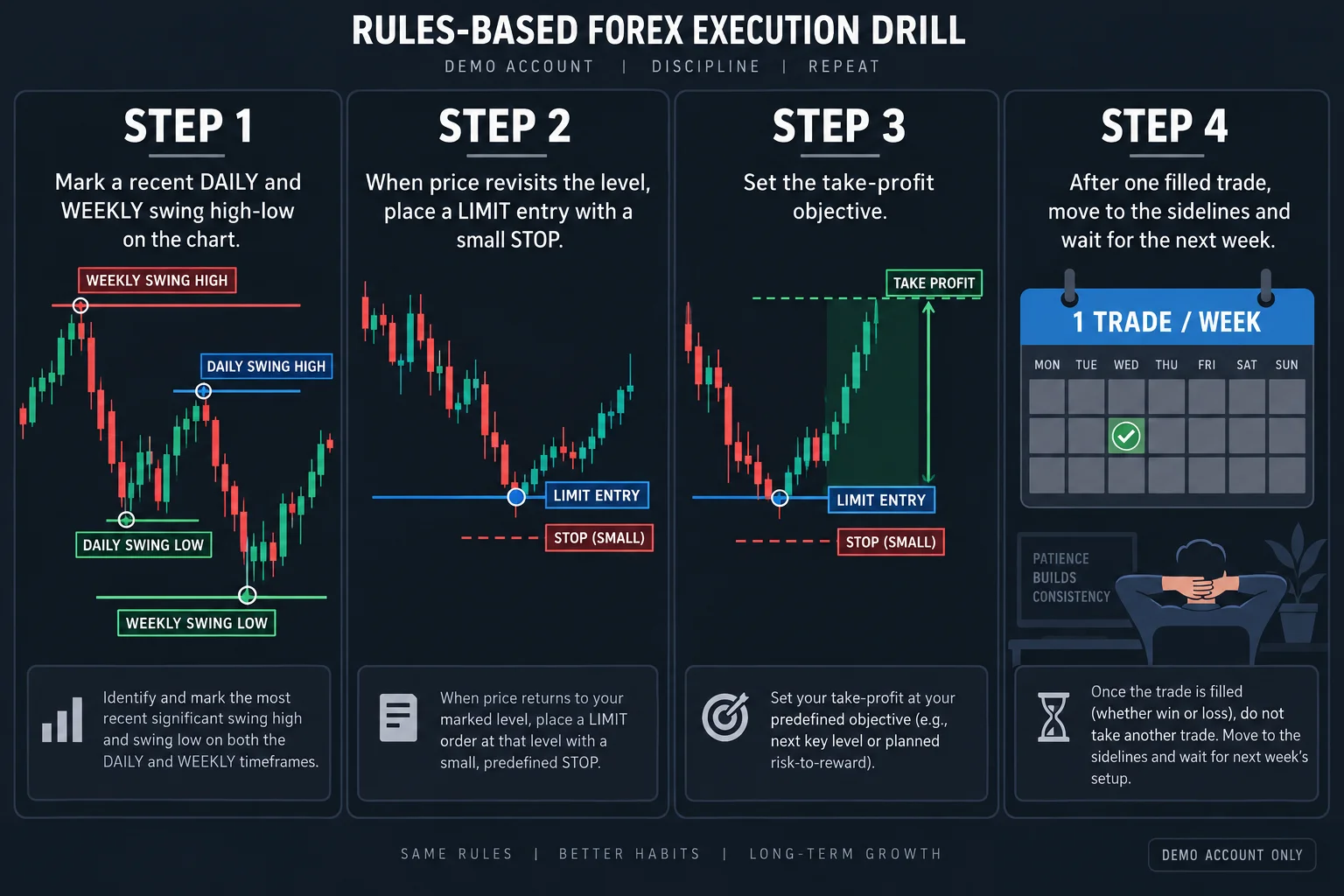 Rules-based forex execution drill: mark daily and weekly swing highs and lows, place a limit entry with a small stop, set a take-profit objective, then move to the sidelines after one filled trade per week.