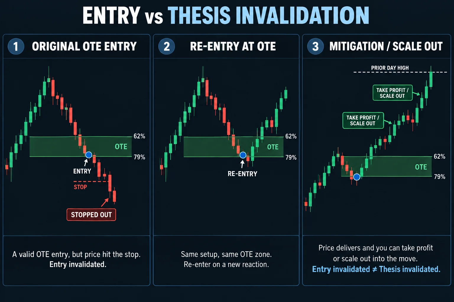 Three-panel diagram contrasting an original OTE entry that was stopped out, a re-entry at the same 62-79 percent OTE zone, and a subsequent take-profit and scale-out into a prior-day-high objective, illustrating that entry invalidation can differ from thesis invalidation.