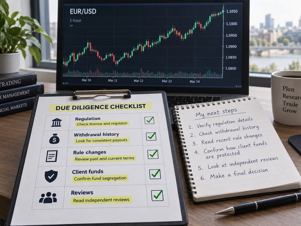 Trader comparing prop firm terms on a highlighted due diligence checklist beside a forex chart