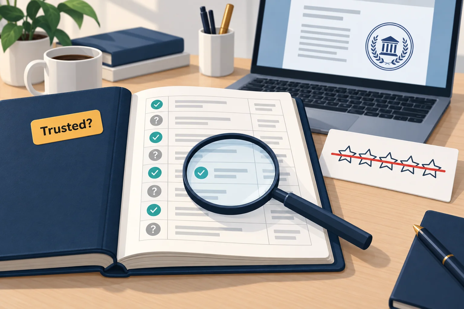 Most trusted prop firms checked on evidence: a ledger with ticked rows and question marks, a magnifying glass and a crossed-out star rating beside a Trusted? sticker