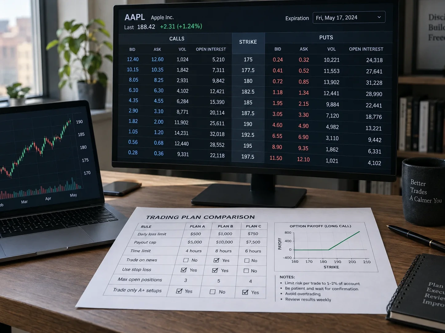 Options trader comparing a labelled option chain with a written rule checklist at a home workstation