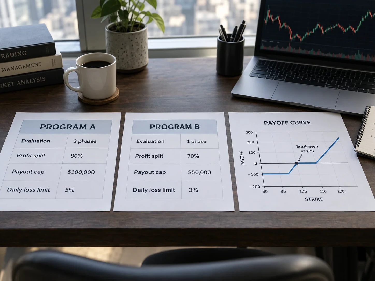 Two labelled prop-firm rule sheets compared beside a payoff curve on an options trading desk