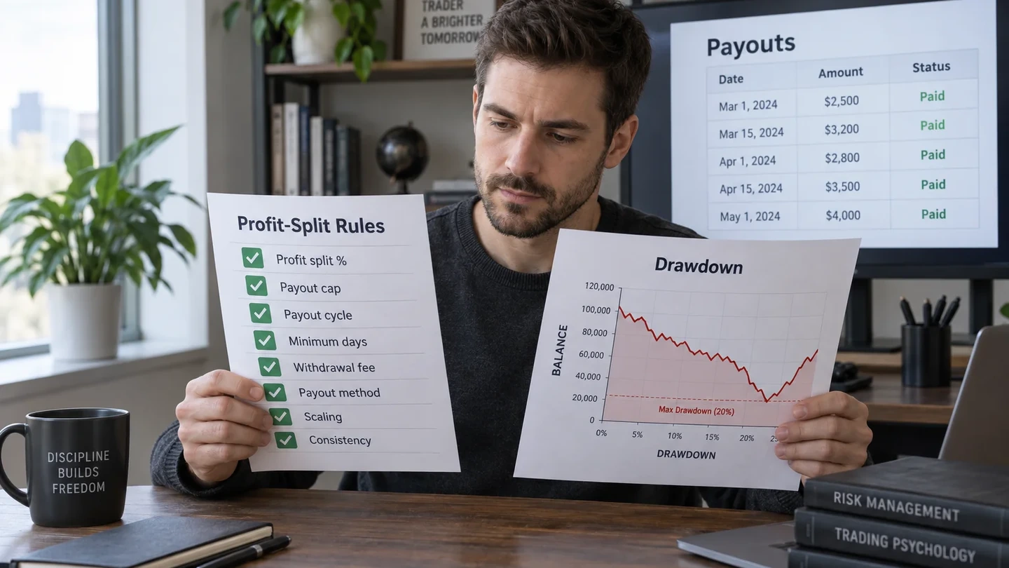 Trader reviewing profit split rules on a labelled checklist beside a drawdown chart