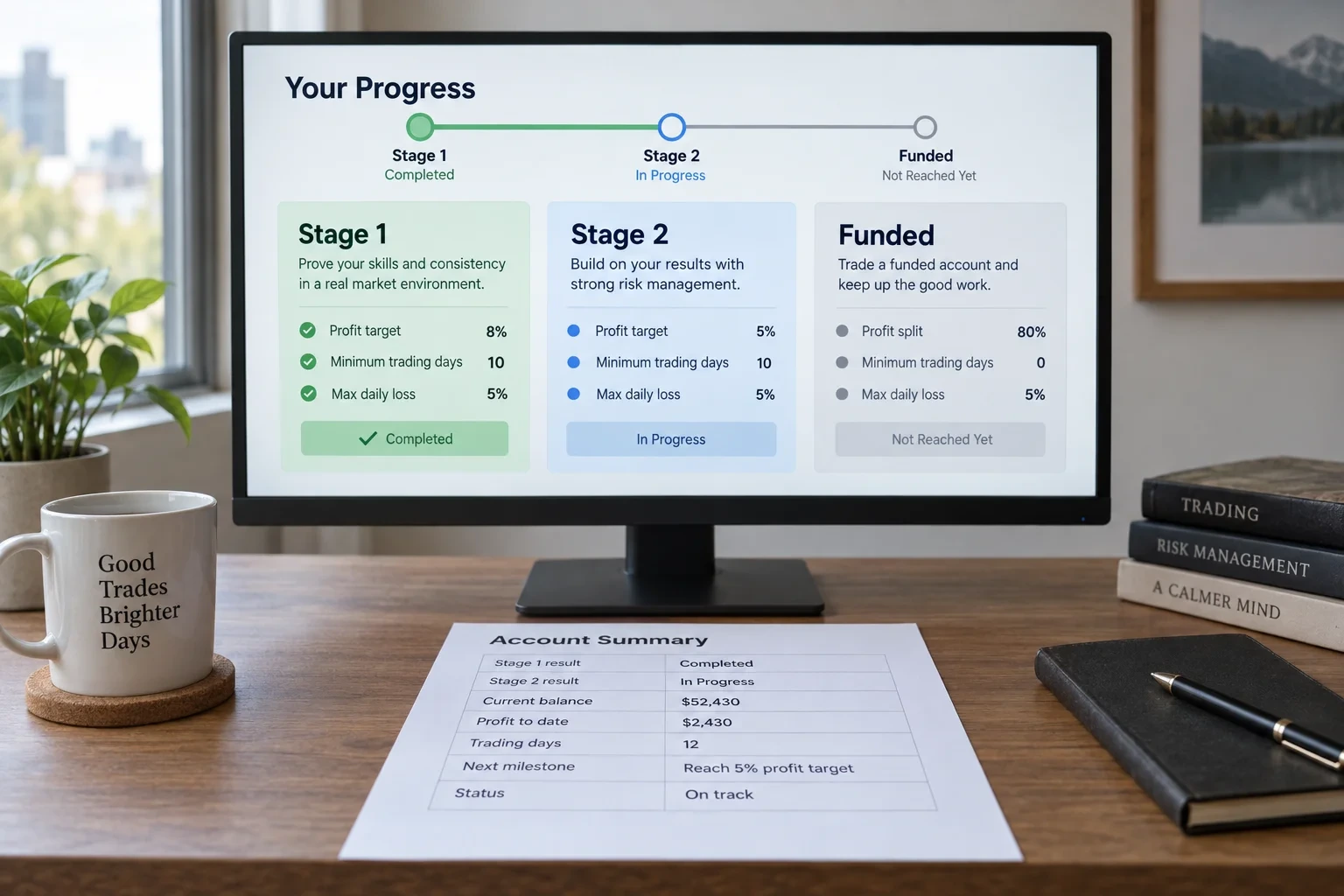 Monitor showing three labelled prop firm account stage cards