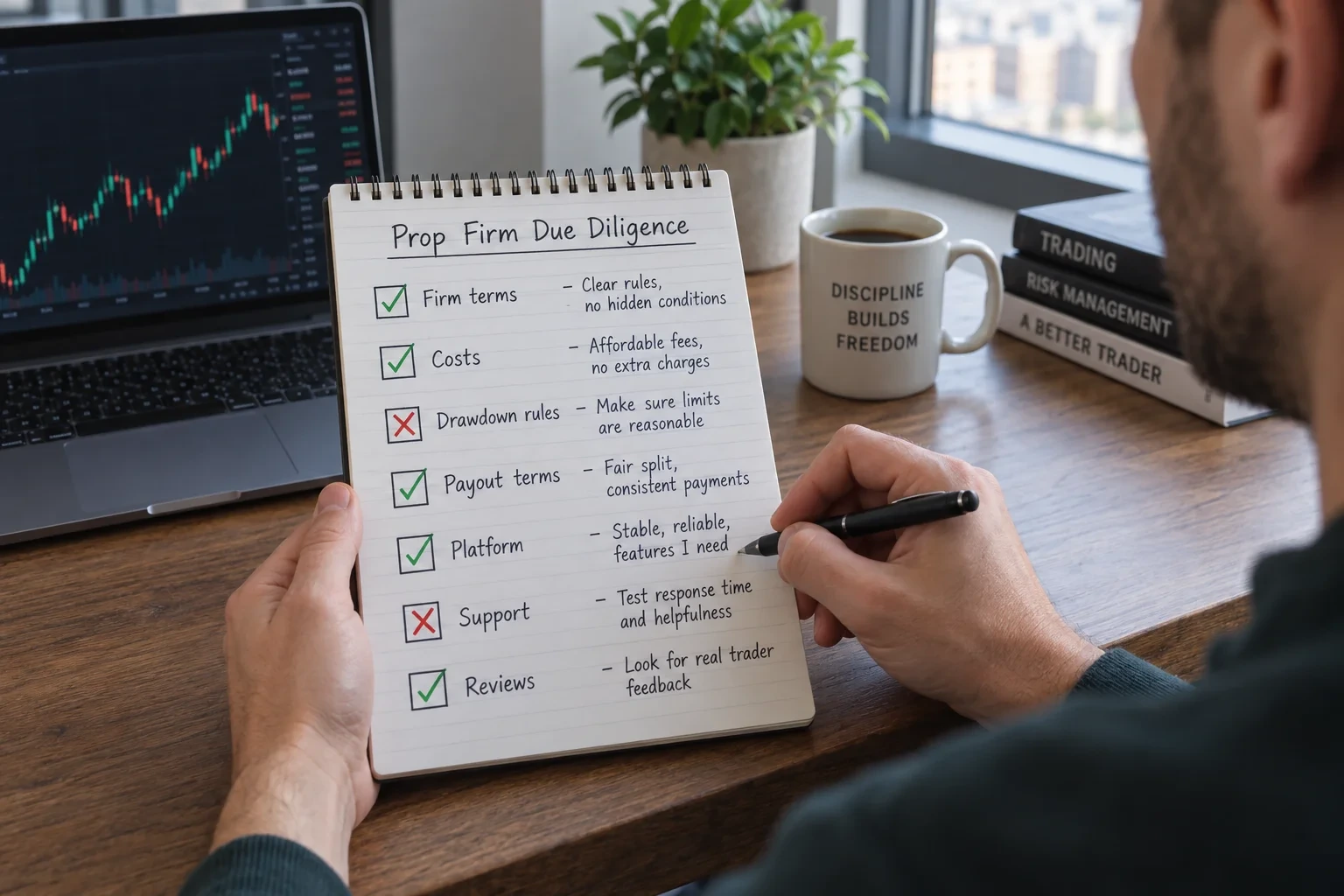 Trader marking a labelled due diligence checklist in a spiral notepad