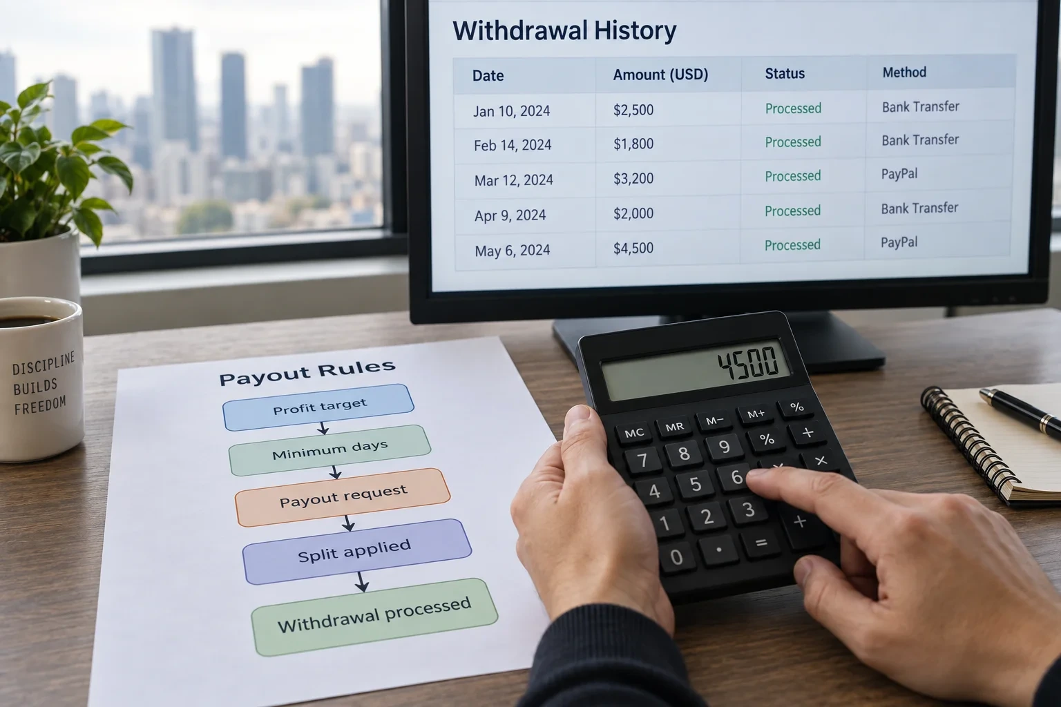 Hands using a calculator beside a labelled payout rule flowchart at a trading desk
