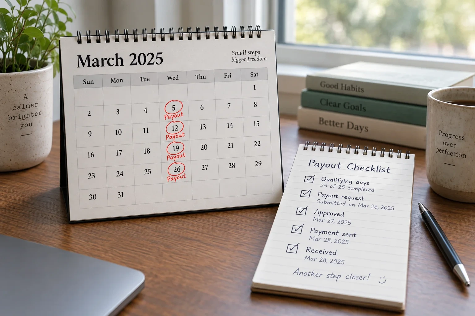 Desk calendar with payout dates marked beside a labelled payout checklist