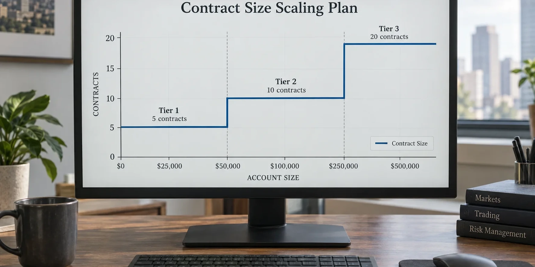 Monitor showing a labelled contract size scaling chart across three tiers