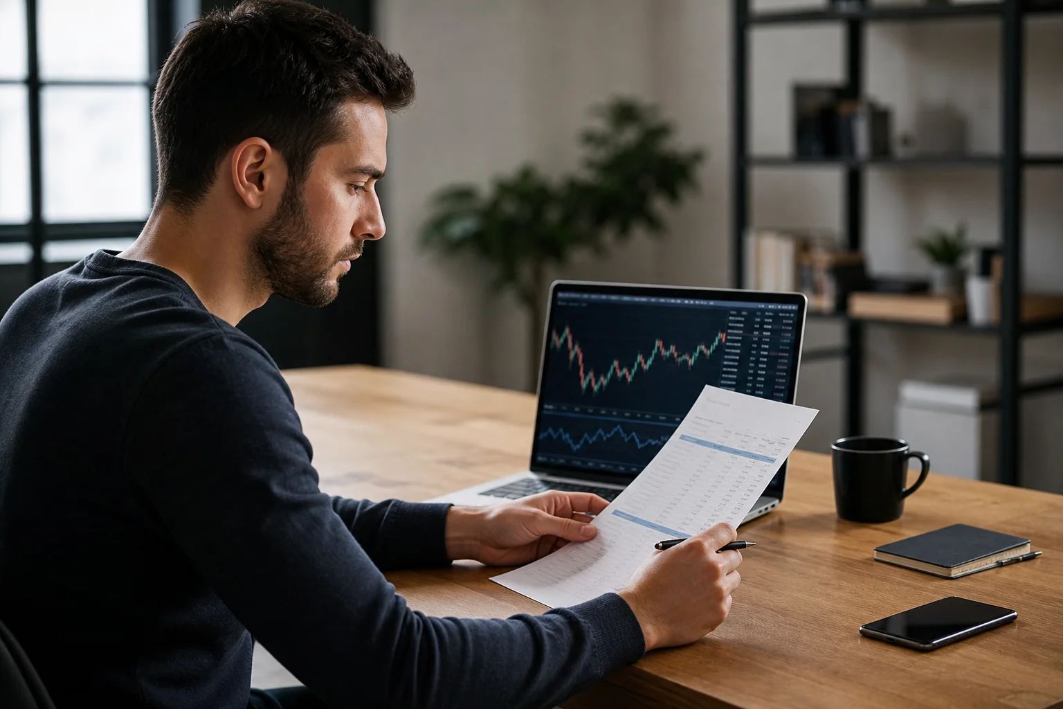 Trader reviewing a payout statement document beside a futures trading chart
