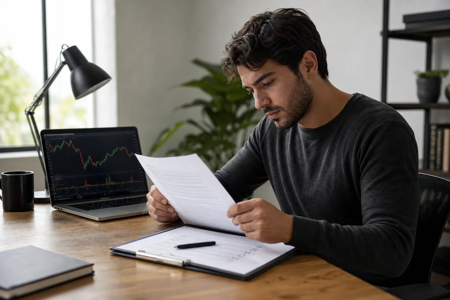 Trader reviewing printed prop firm rules and benchmark requirements beside a trading laptop