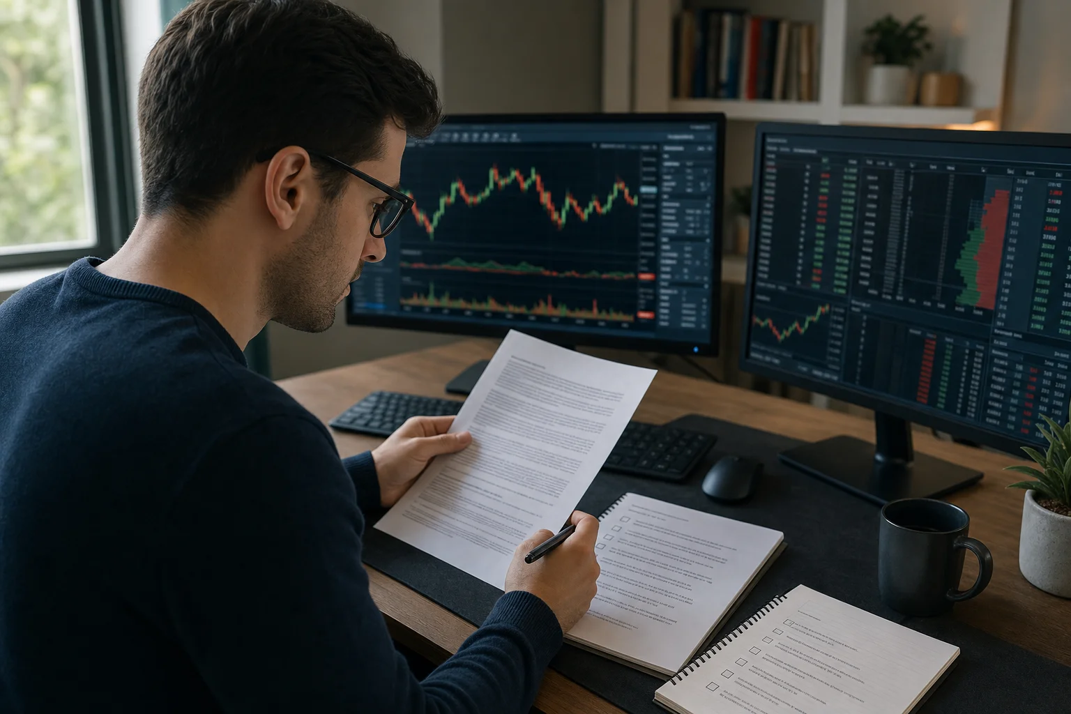 Day trader reviewing printed terms and a rules checklist before buying a straight-to-funded prop firm account