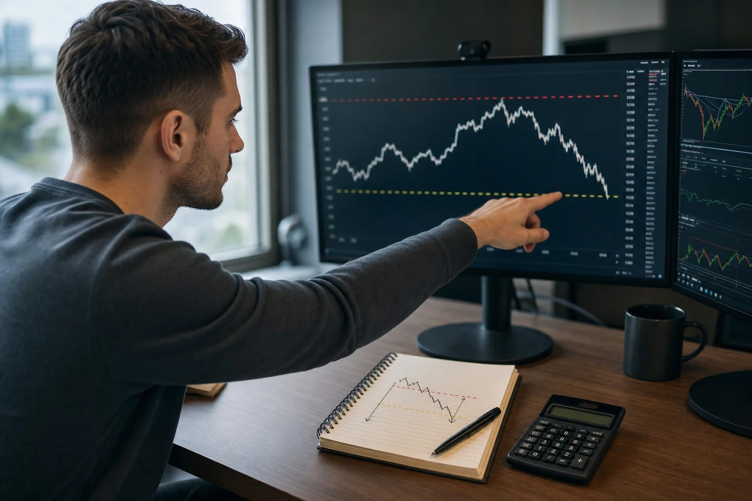 Day trader pointing at an equity-curve chart while checking a drawdown threshold sketch in a notebook