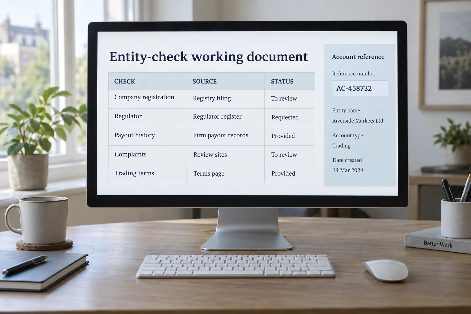 Monitor showing a due diligence entity check table with readable results