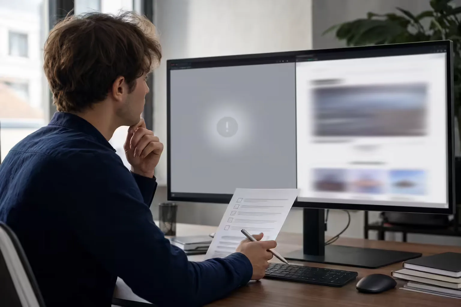Trader comparing a website that fails to load with a normal page while checking a paper list