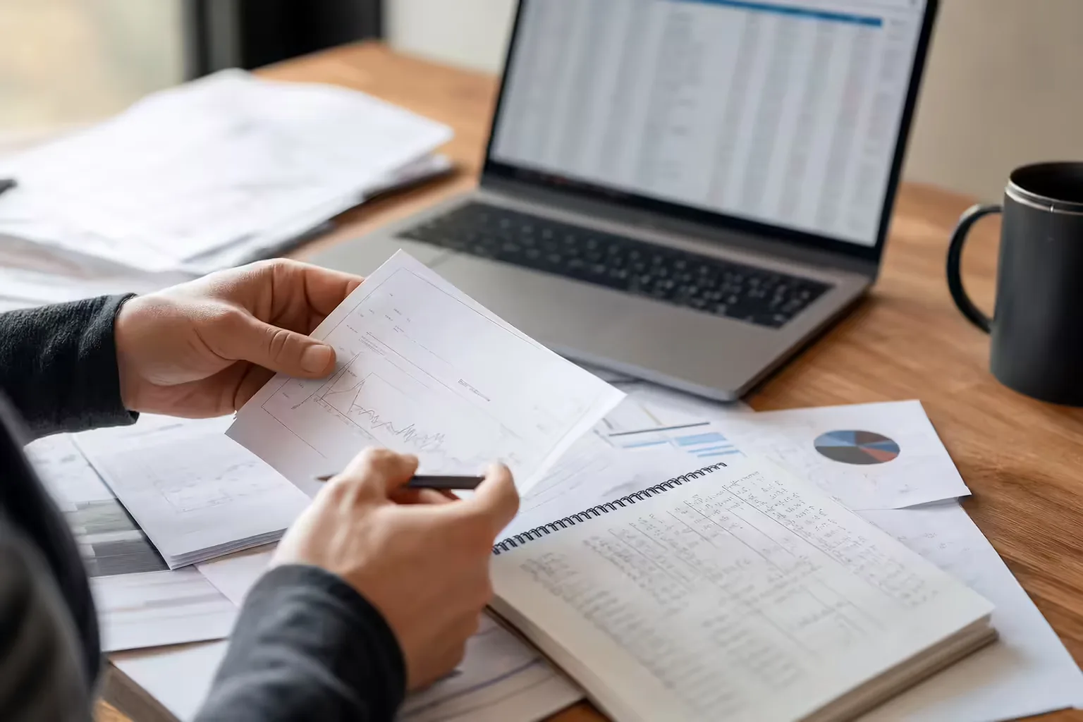 Hands organizing printed account statements, a trade log and notes while reviewing a prop firm's records