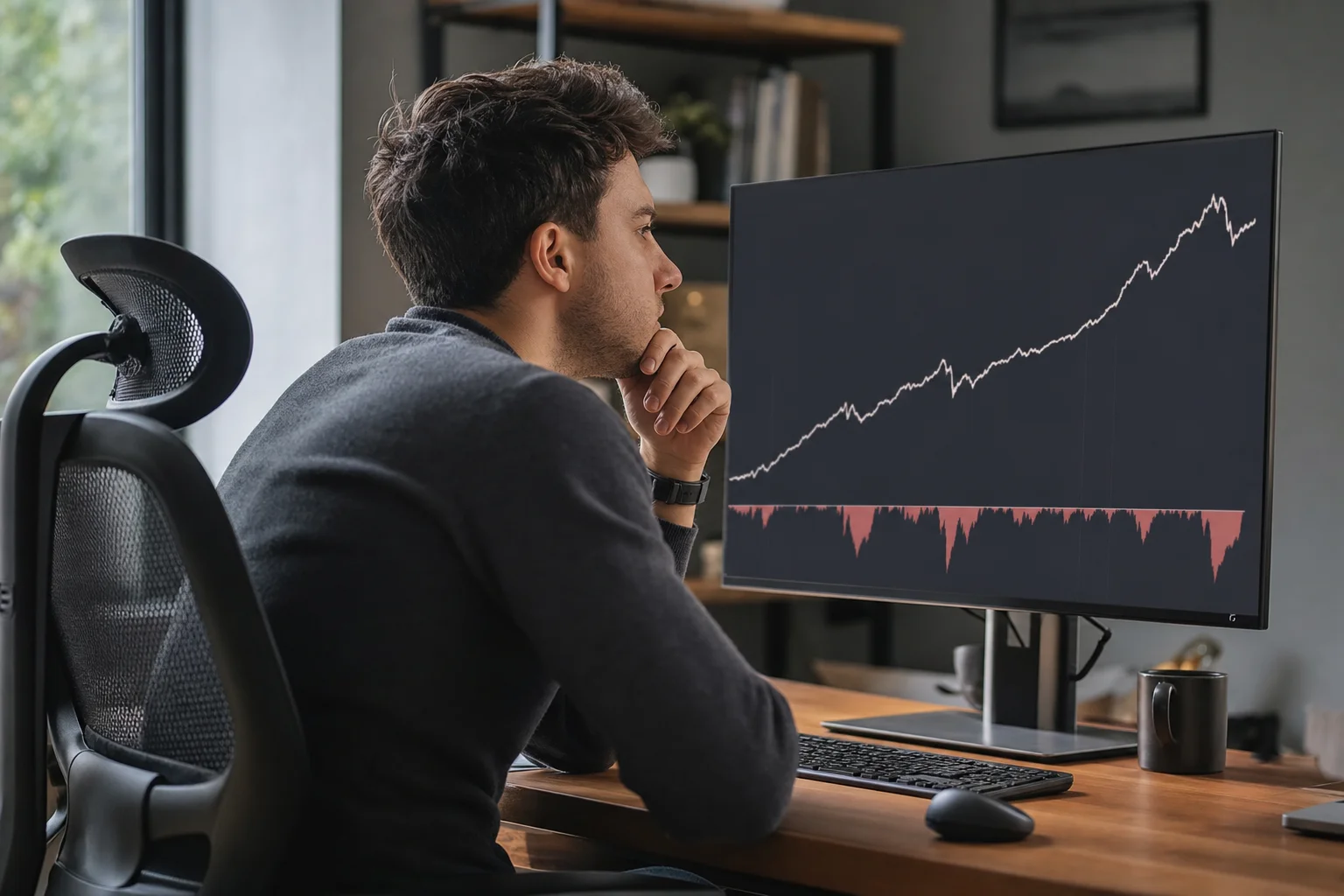Day trader reviewing an equity curve with a shaded drawdown area on a monitor