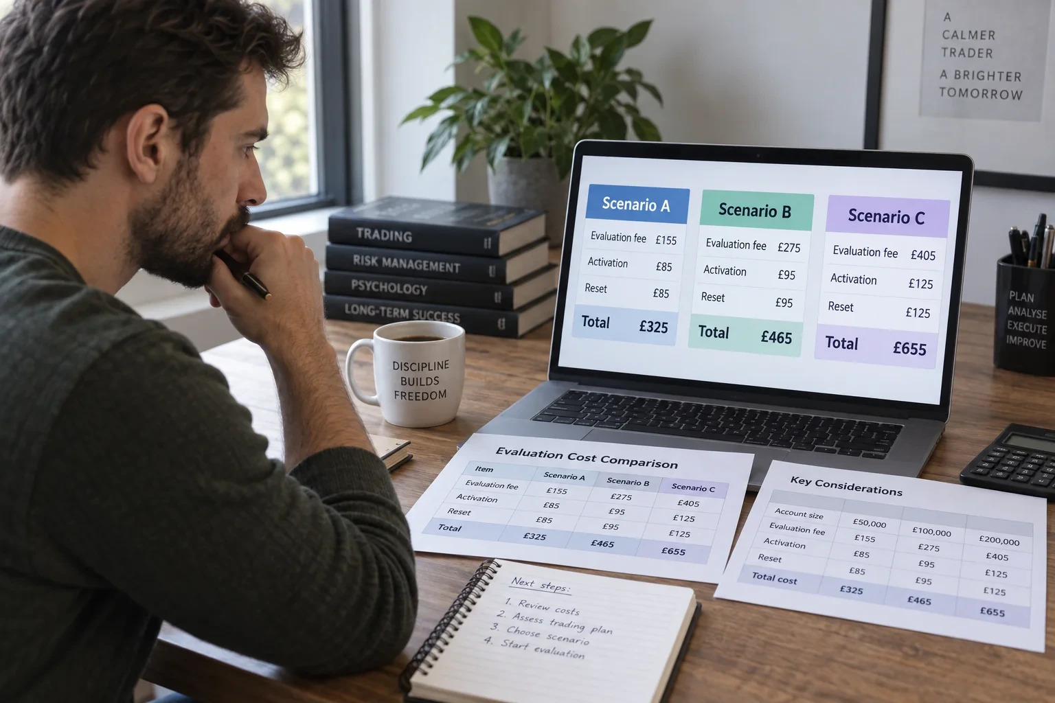 Laptop showing three labelled evaluation cost scenario cards