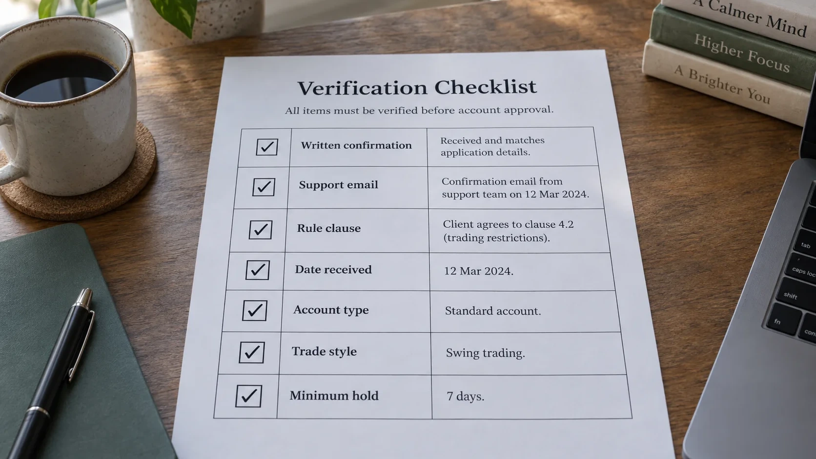 Completed HFT rule verification form with labelled tick boxes