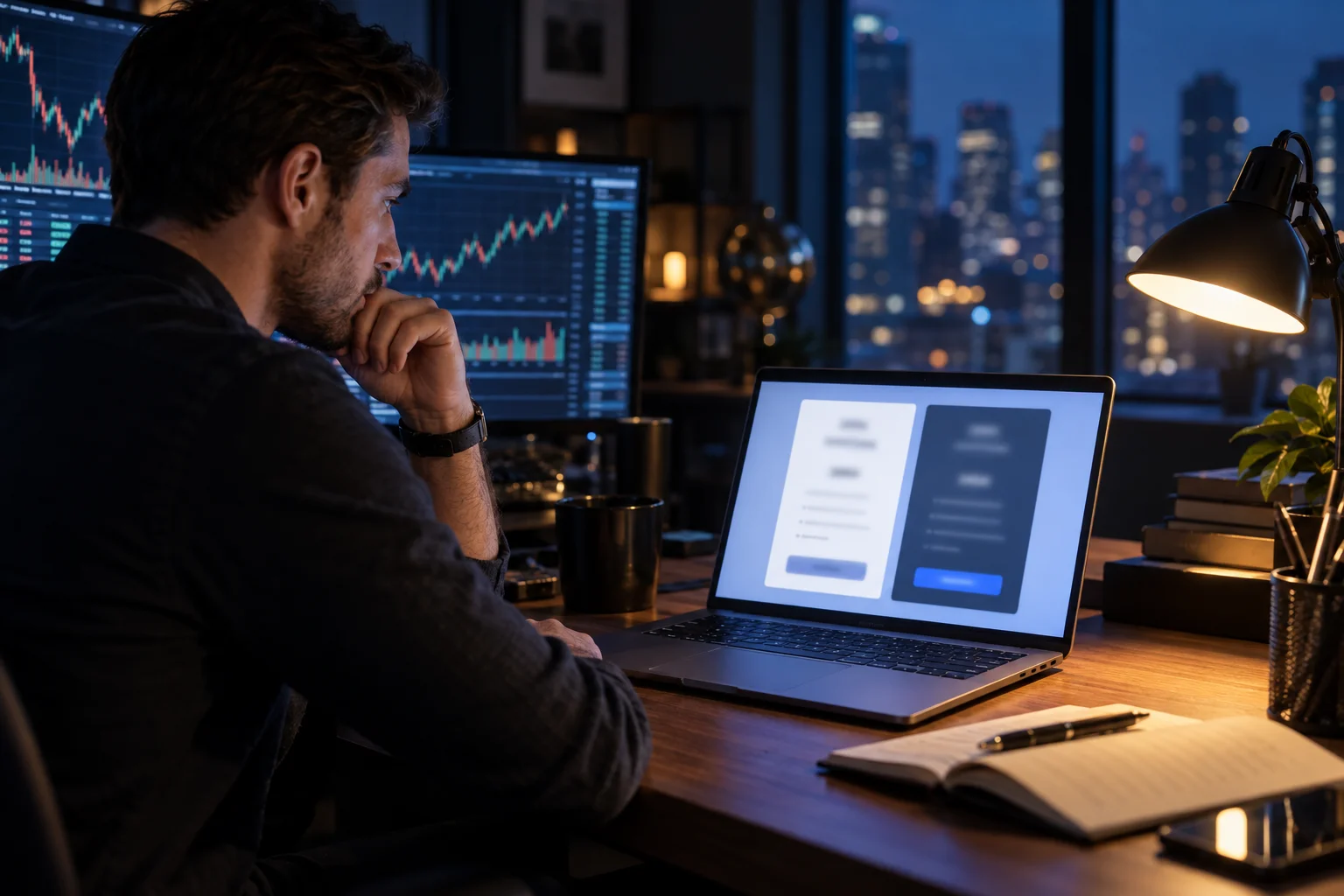 Best 100K prop firm accounts, a trader at a desk comparing two pricing cards on a laptop at night