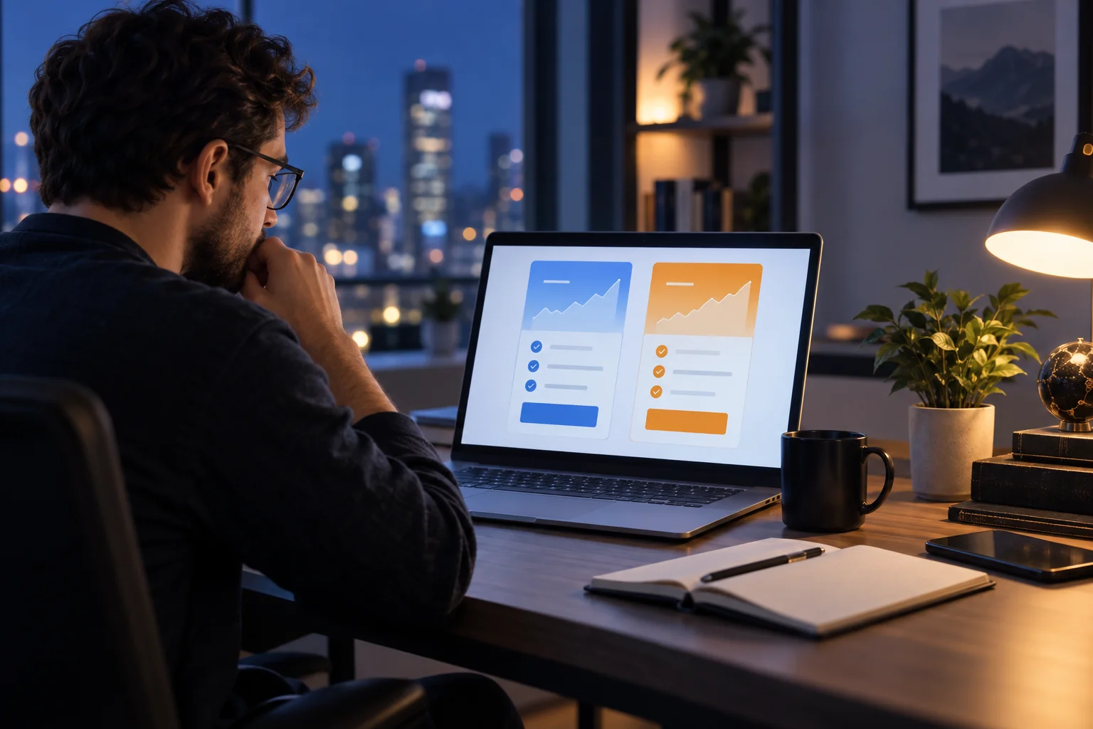 Best 50K prop firm accounts, a trader at a desk comparing two pricing cards on a laptop at night