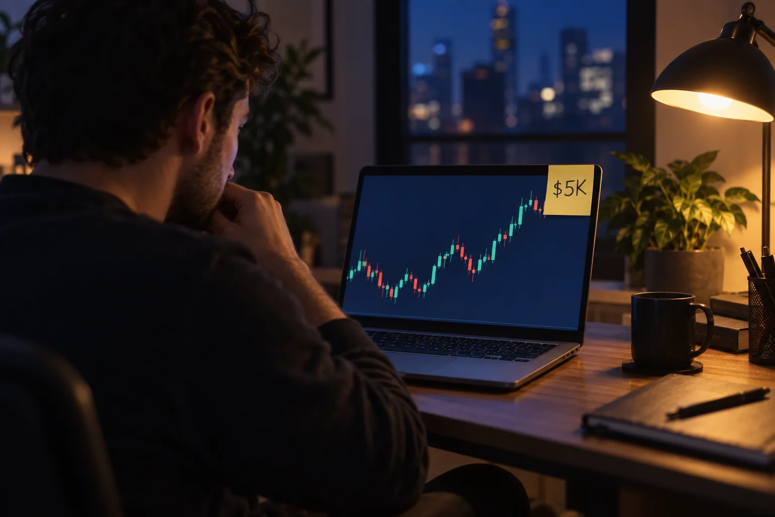 Best 5K and 10K prop firm accounts: a trader at a small home desk at night with a sticky note reading 5K
