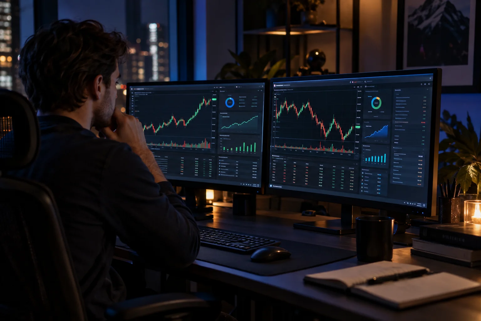 Best Apex Trader Funding alternatives: a futures trader at a desk at night comparing two prop firm dashboards