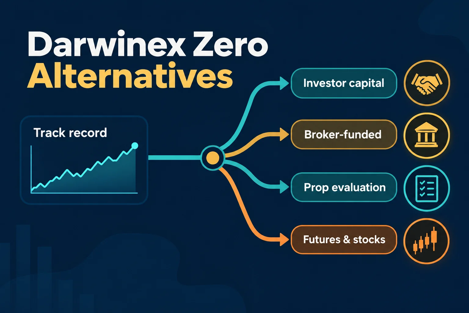 Darwinex Zero alternatives grouped into investor capital, broker-funded, prop evaluation and futures or stocks routes