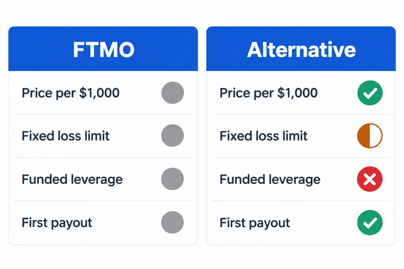 FTMO alternatives scorecard: FTMO beside an alternative on price per $1,000, fixed loss limit, funded leverage and first payout