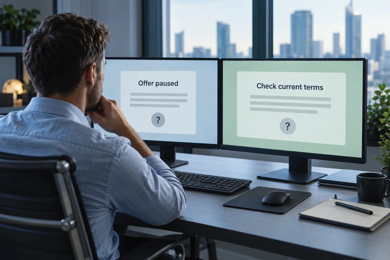 Best alternatives to The Funded Trader with a trader comparing an unavailable old offer and current forex terms