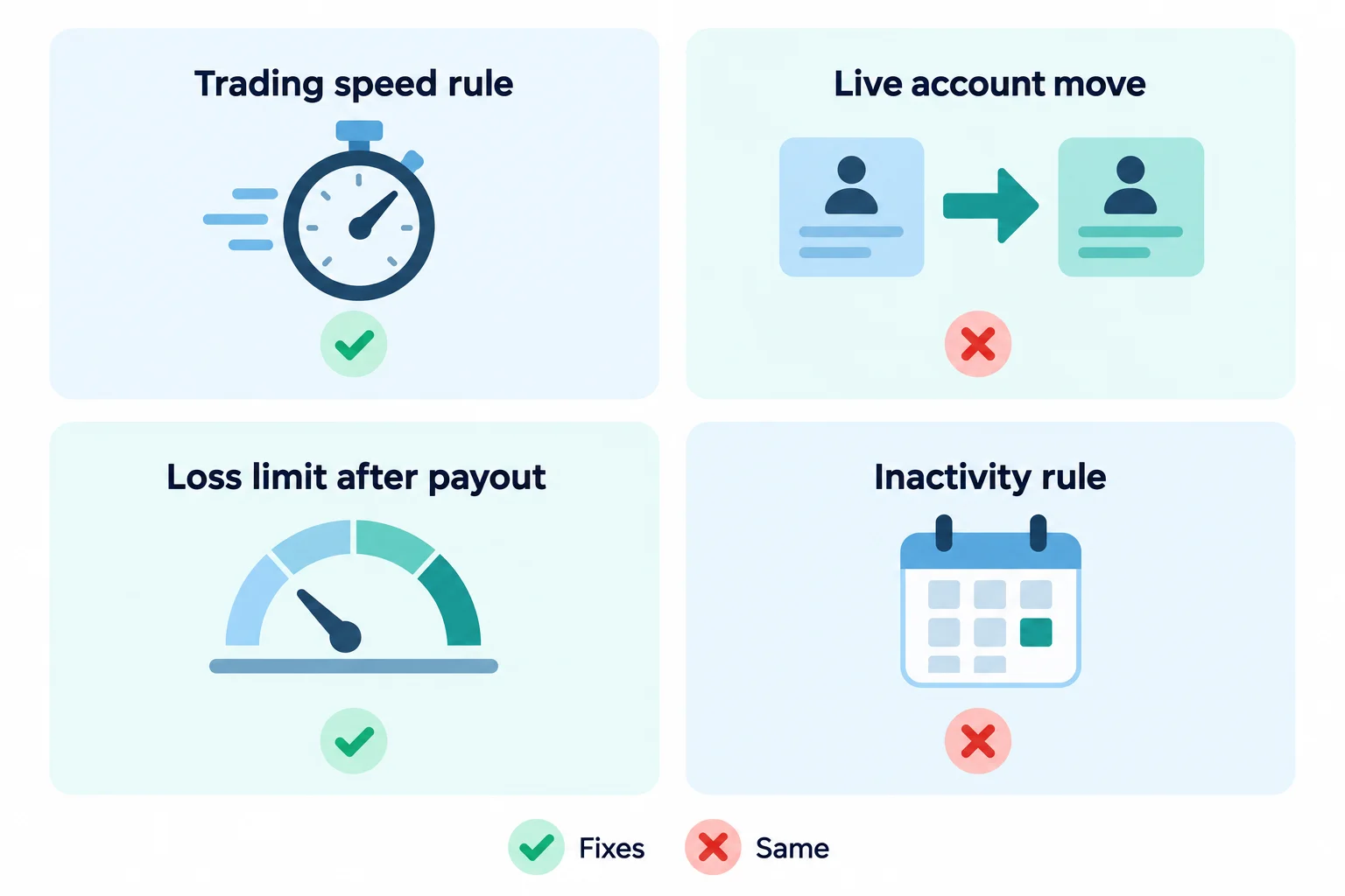 The four rules that drive traders to look for Topstep alternatives: trading speed rule, live account move, loss limit after payout, and inactivity rule, each marked fixes or same