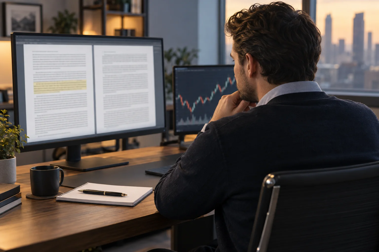 Best broker-backed prop firms: a trader at a desk comparing two contracts side by side on screen, with a chart on a second monitor