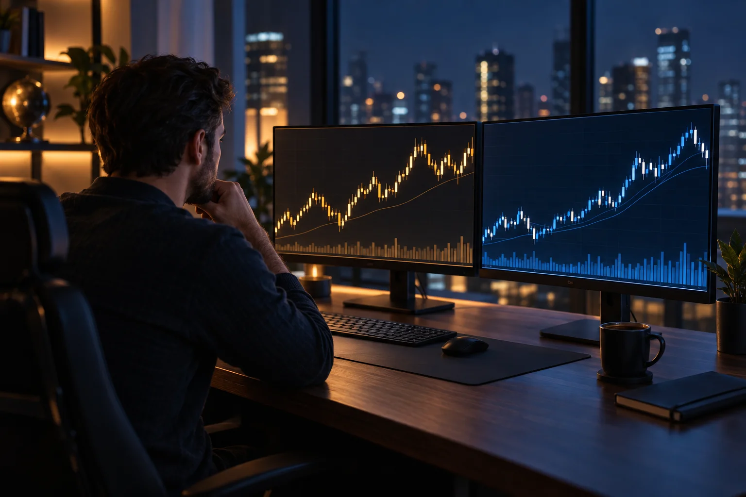 Best CFD prop firms: a trader at a desk at night comparing a gold chart and an index chart on dual monitors