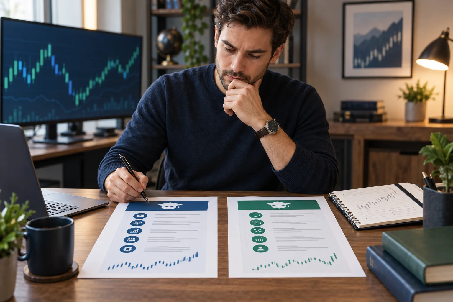 Best courses for passing prop firm challenges with a trader comparing two curricula and a trading journal