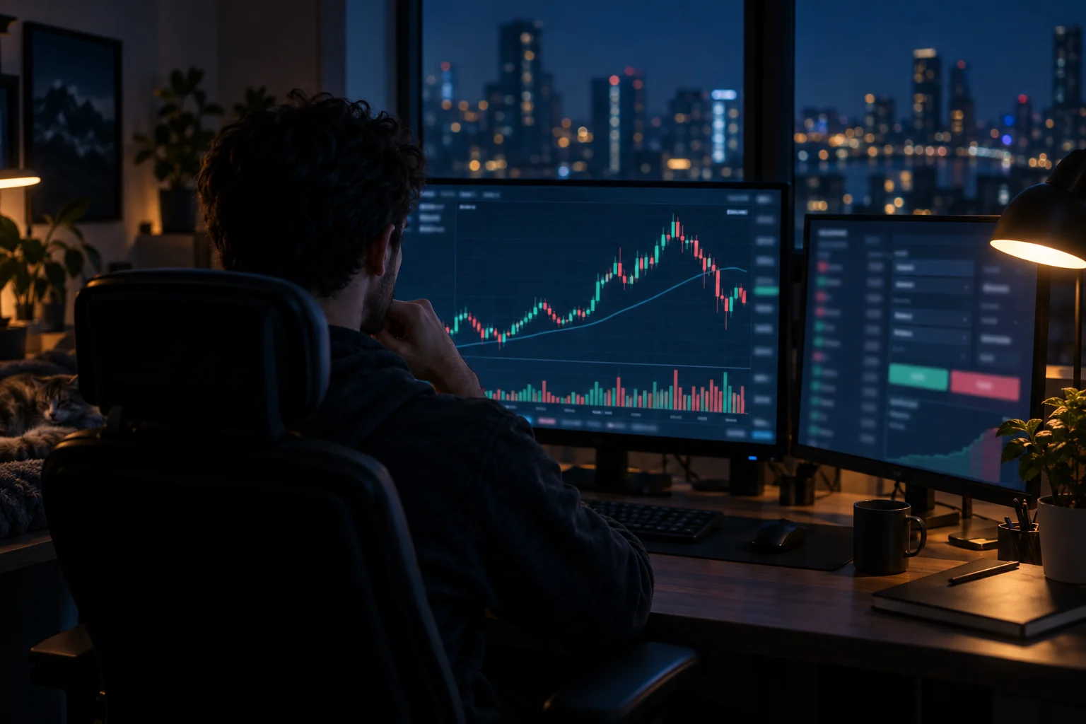 Best crypto prop firms: a trader at a desk at night watching a crypto candlestick chart on two monitors