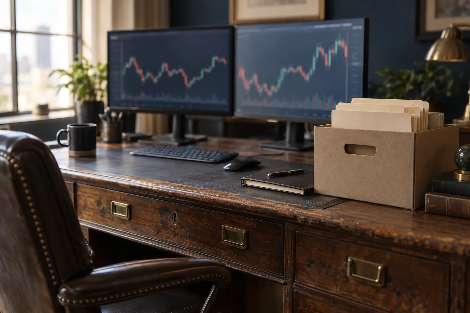 Oldest prop firms guide: an old wooden trading desk with modern monitors showing price charts and an archive box of folders