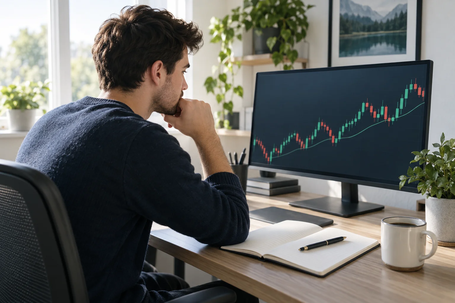 Best forex prop firms for beginners: a new forex trader at a desk studying a currency chart with an open notebook