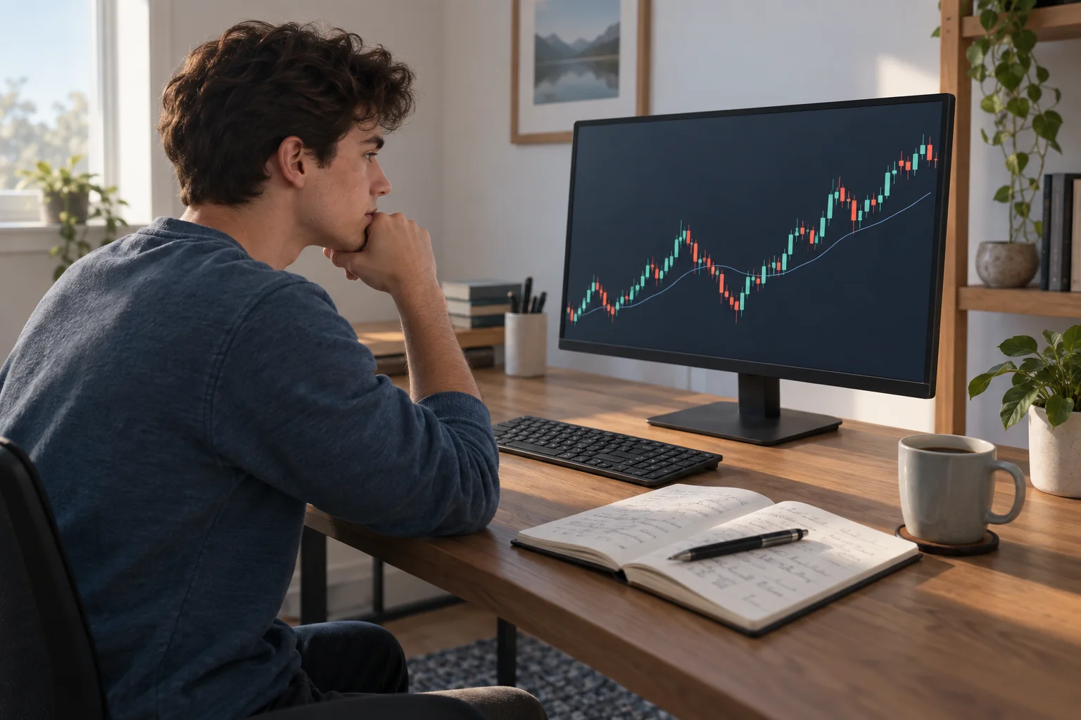 Best futures prop firms for beginners: a new trader at a tidy desk studying one futures chart with a notebook beside the keyboard