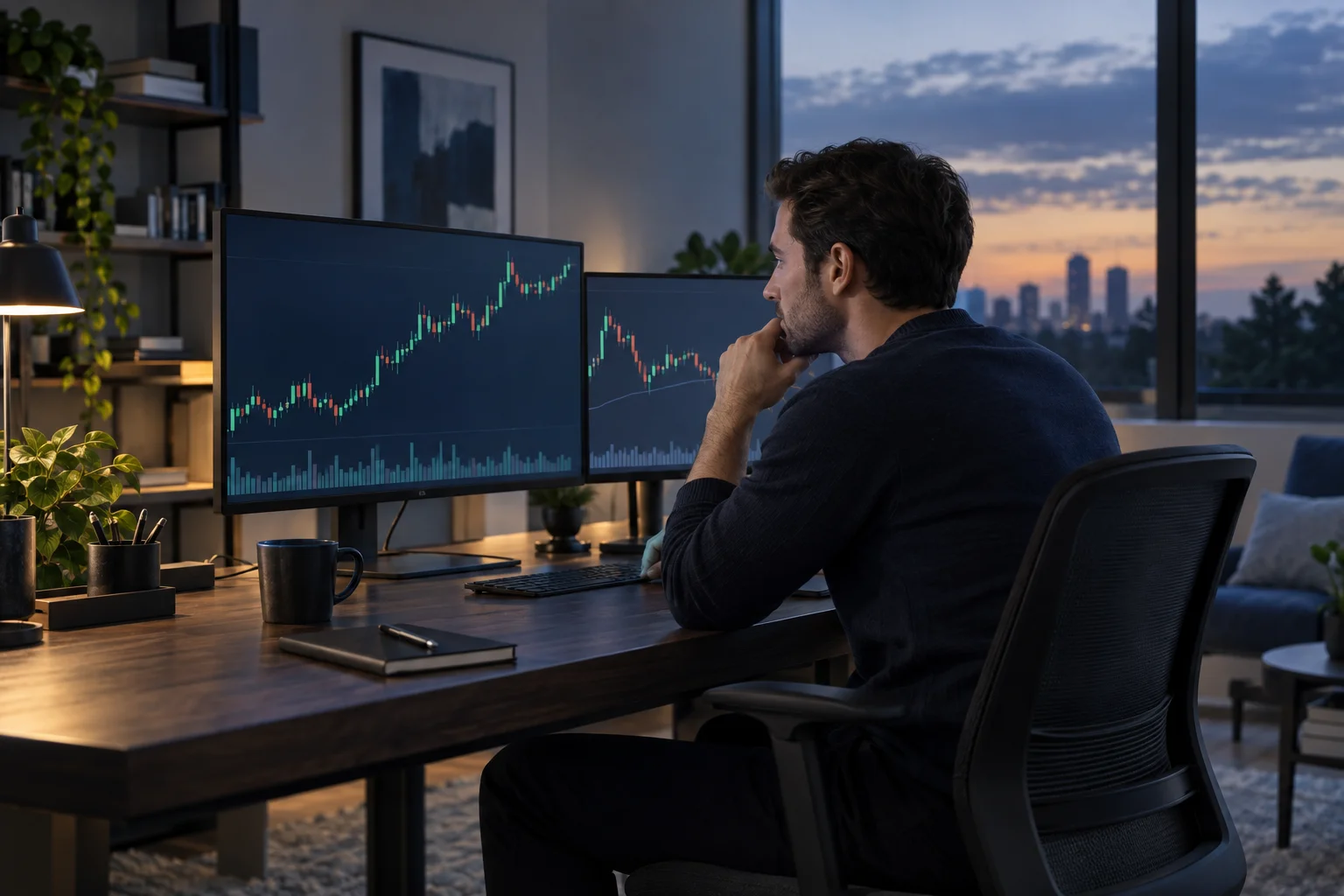Best futures prop firms for US traders illustrated by a trader at a US home-office desk with charts on screen