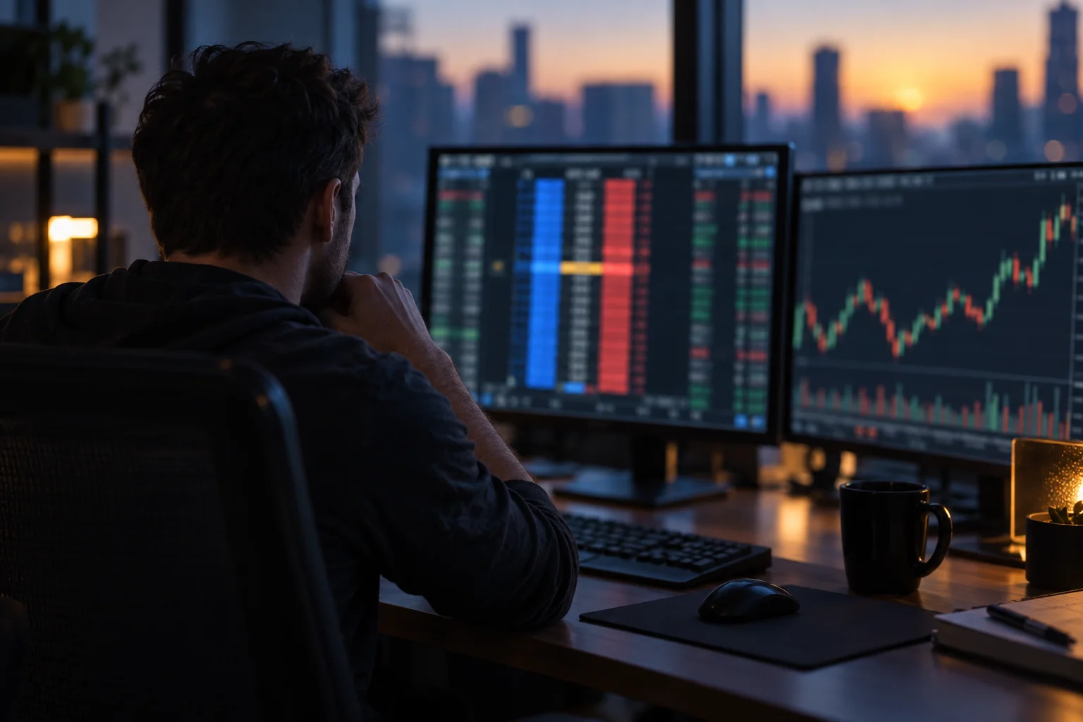 Best futures prop firms: a futures trader at a desk watching a price ladder order screen and a candlestick chart