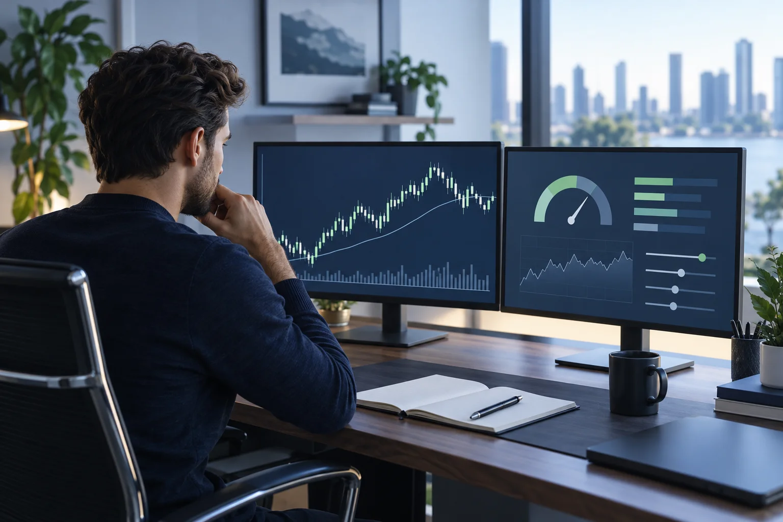 Best Indicators for Prop Firm Challenges trader comparing a price chart and risk panel