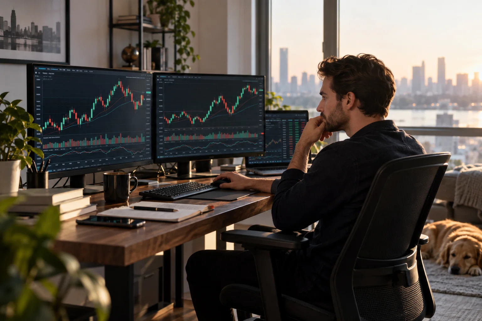 Instant funding forex prop firms, a trader at a bright morning desk with currency charts on a laptop and monitor
