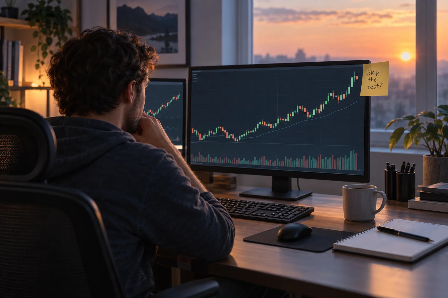 Instant funding futures prop firms, a futures trader at a desk at dawn with an index futures chart and a sticky note reading Skip the test?