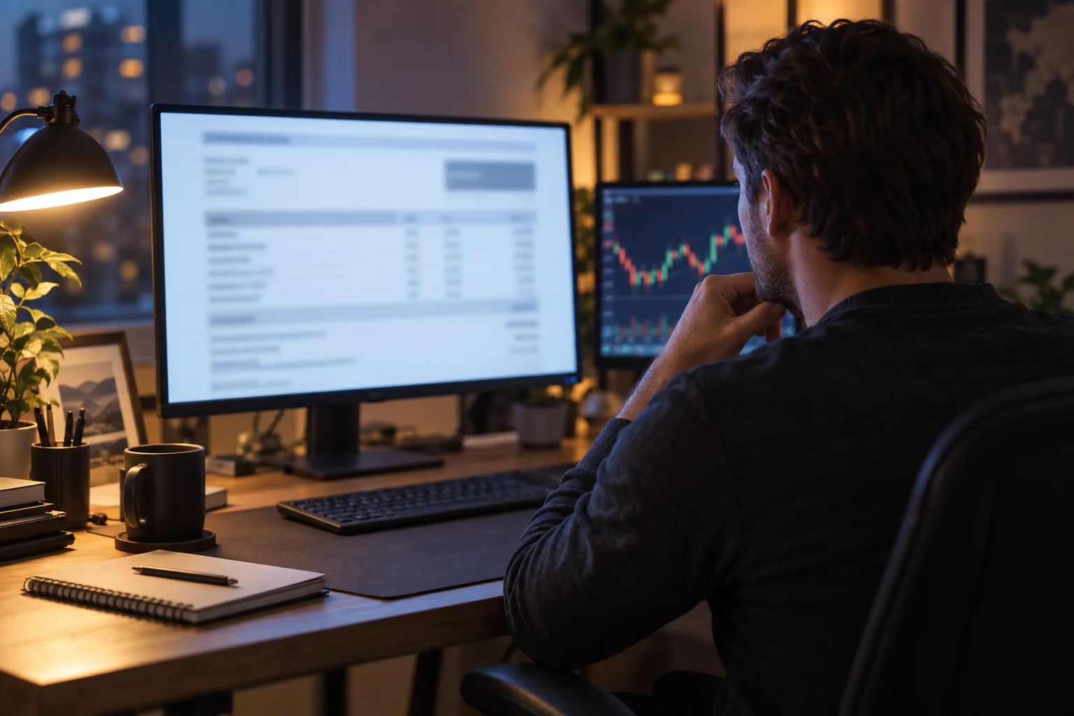 Best monthly subscription prop firms: a trader at a desk in the evening reading a monthly billing statement with blurred figures