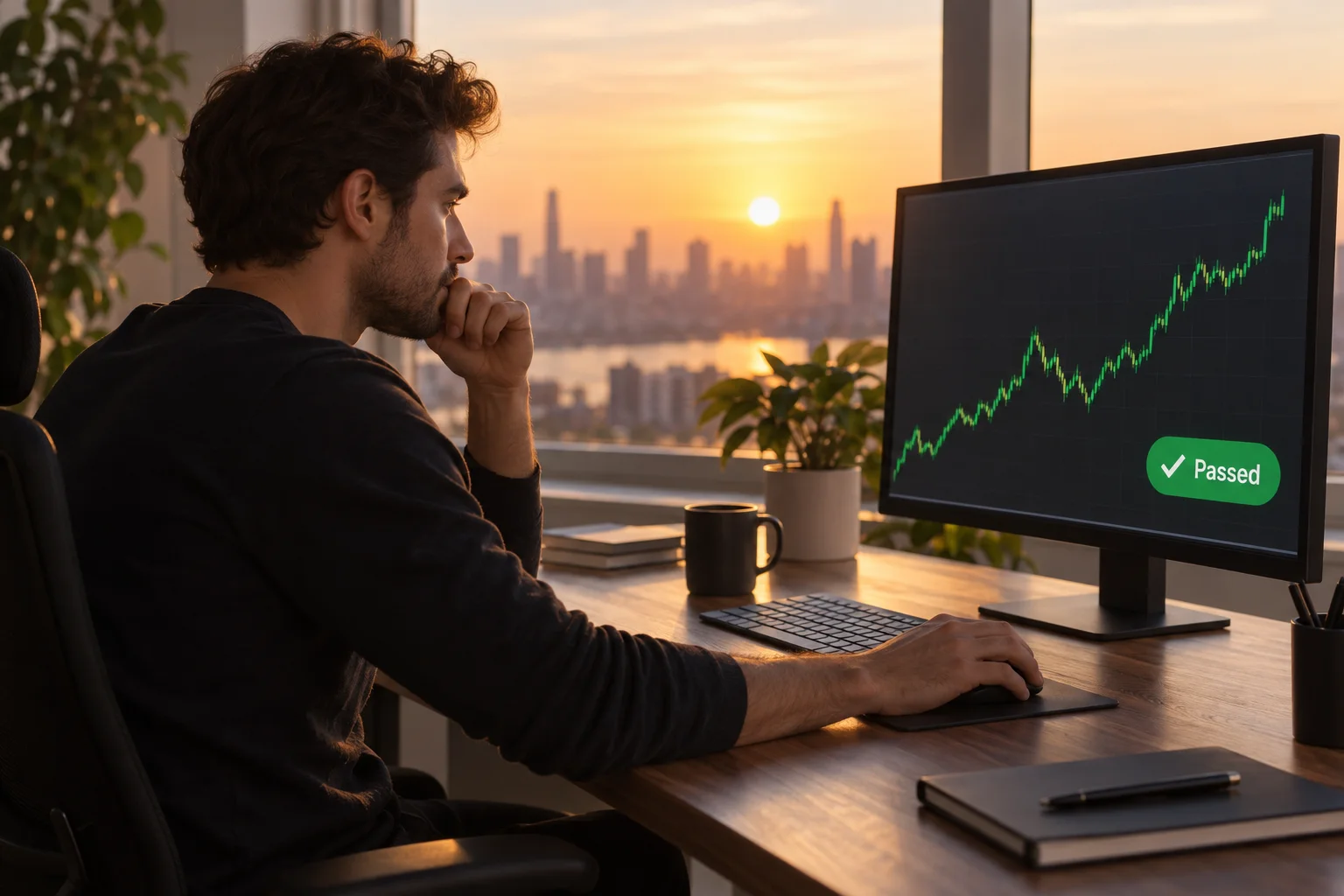 Best one-step prop firms in 2026: a forex trader at a desk at dawn with one chart window and a single Passed badge on screen
