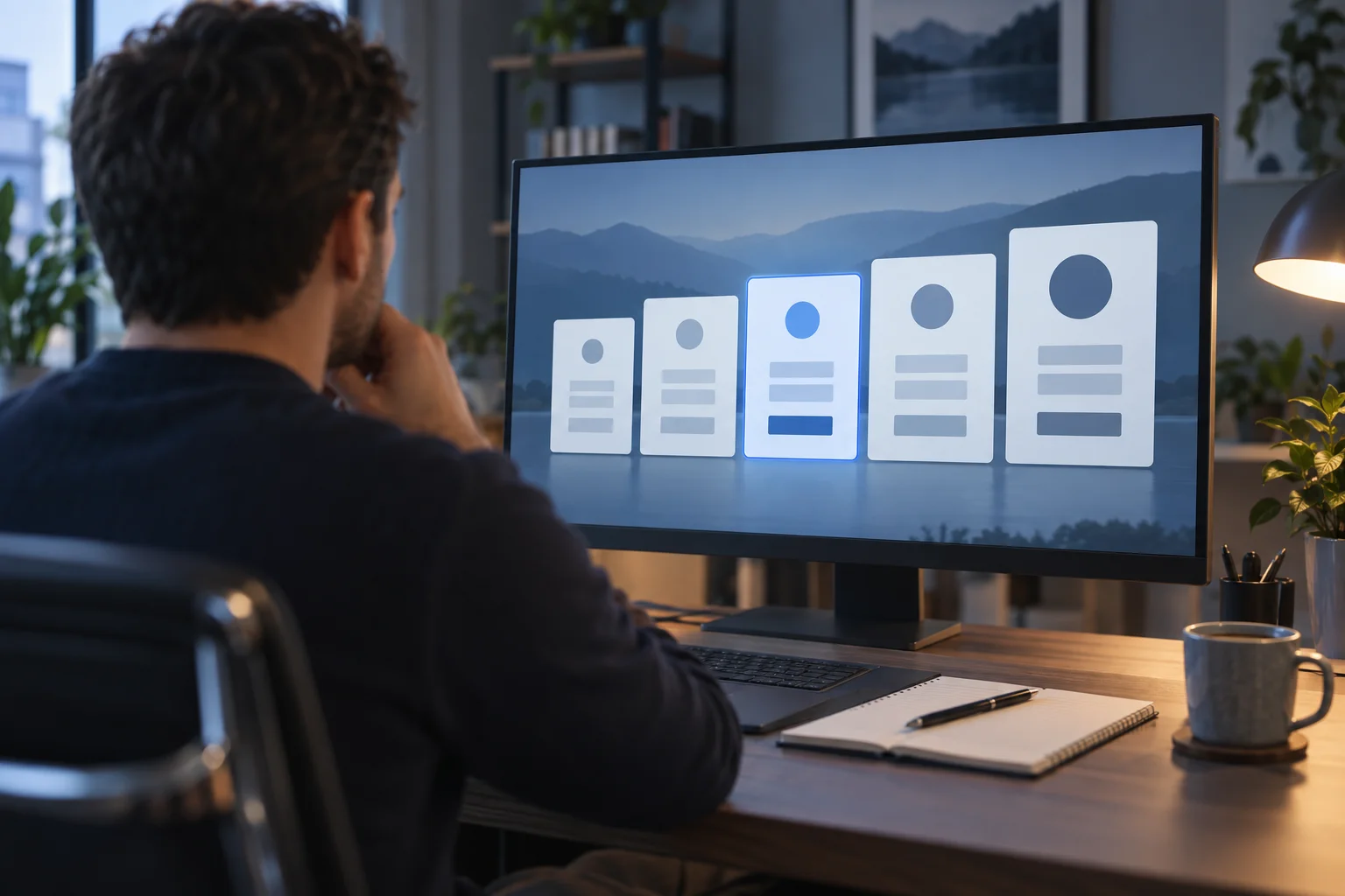 Best prop firm account size to start with: a trader at a desk comparing account cards of increasing size on a monitor