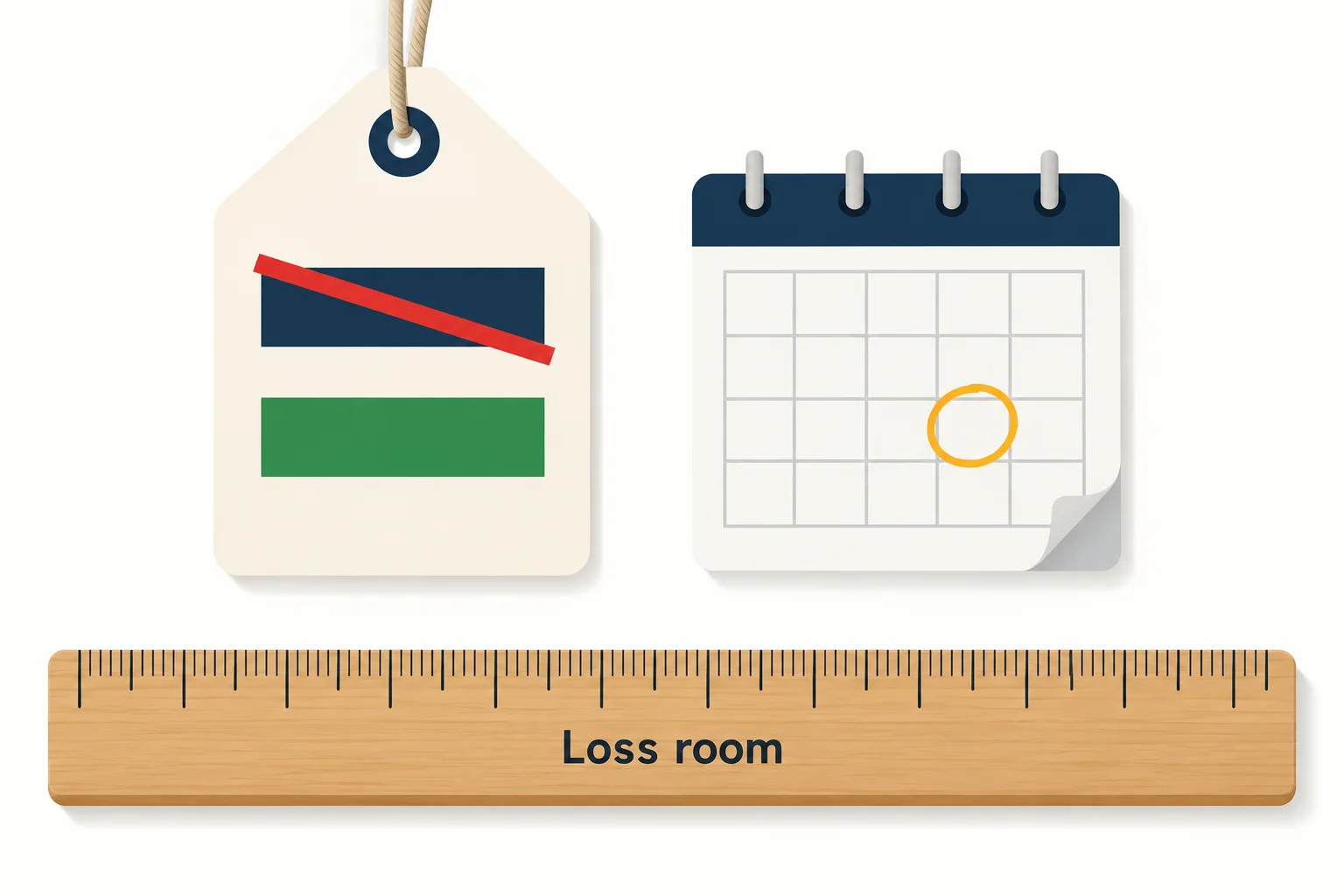 Prop firm Black Friday deals explained: a sale price tag with a crossed-out price, a calendar page and a ruler labelled Loss room